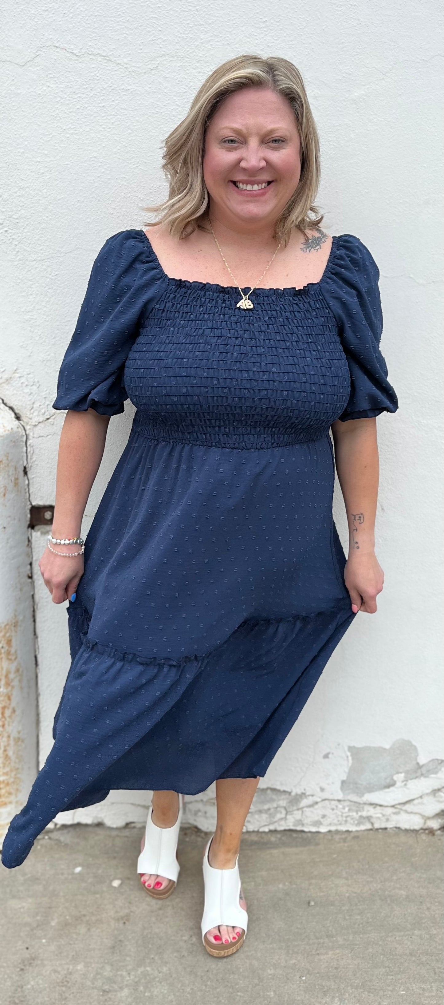 Navy Smocked Midi Dress