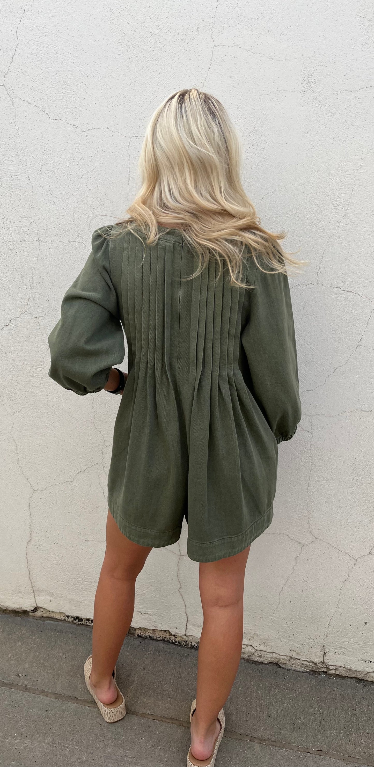 Olive Pleated Sleeve Romper