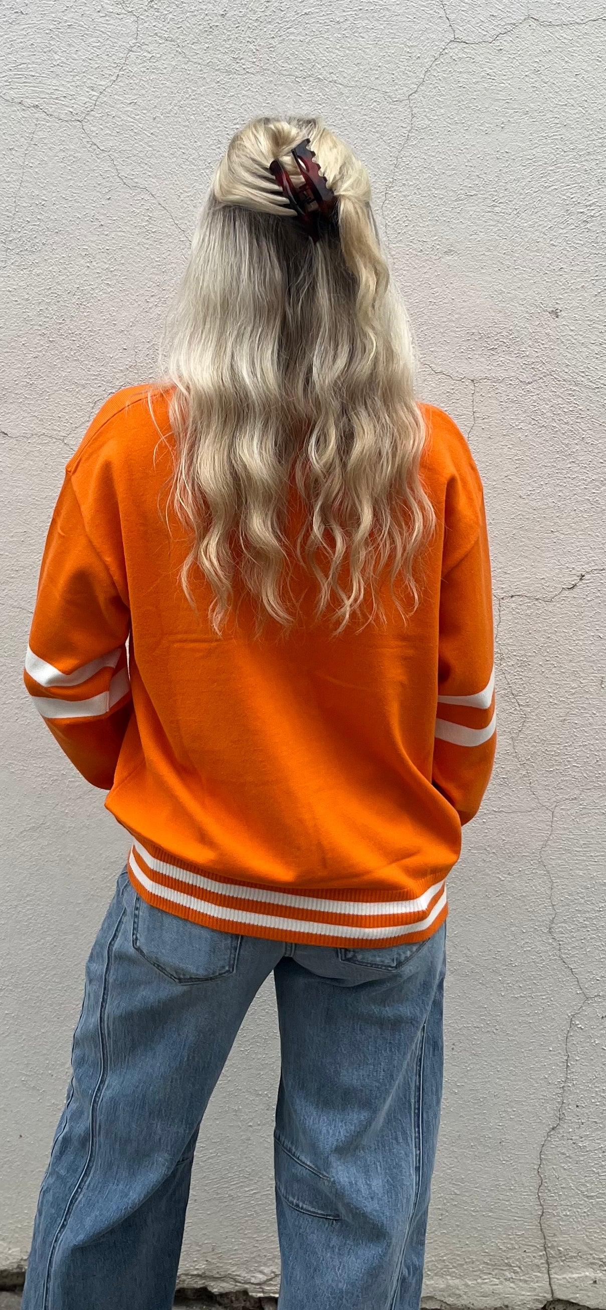 Orange V Neck Varsity Sweater Top
