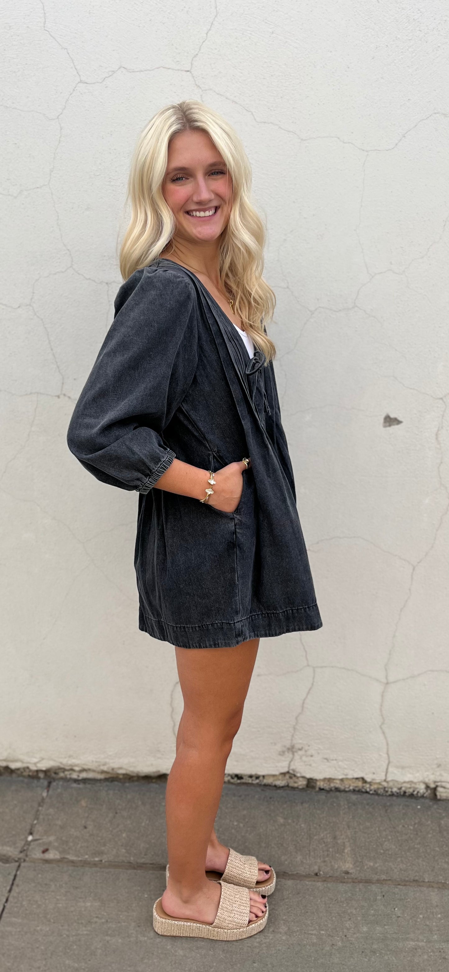 Grey Pleated Sleeve Romper
