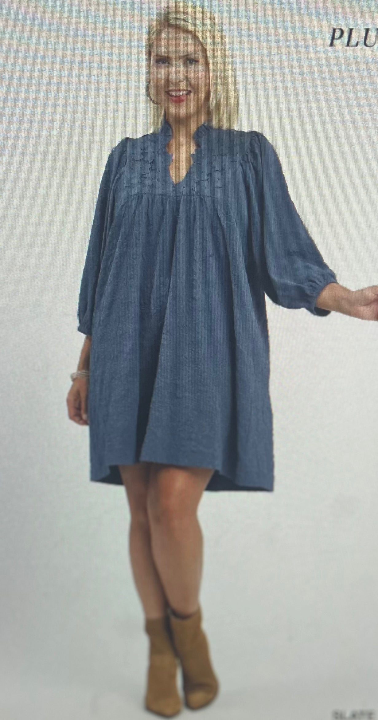 Slate Blue Floral Detail Dress PLUS
