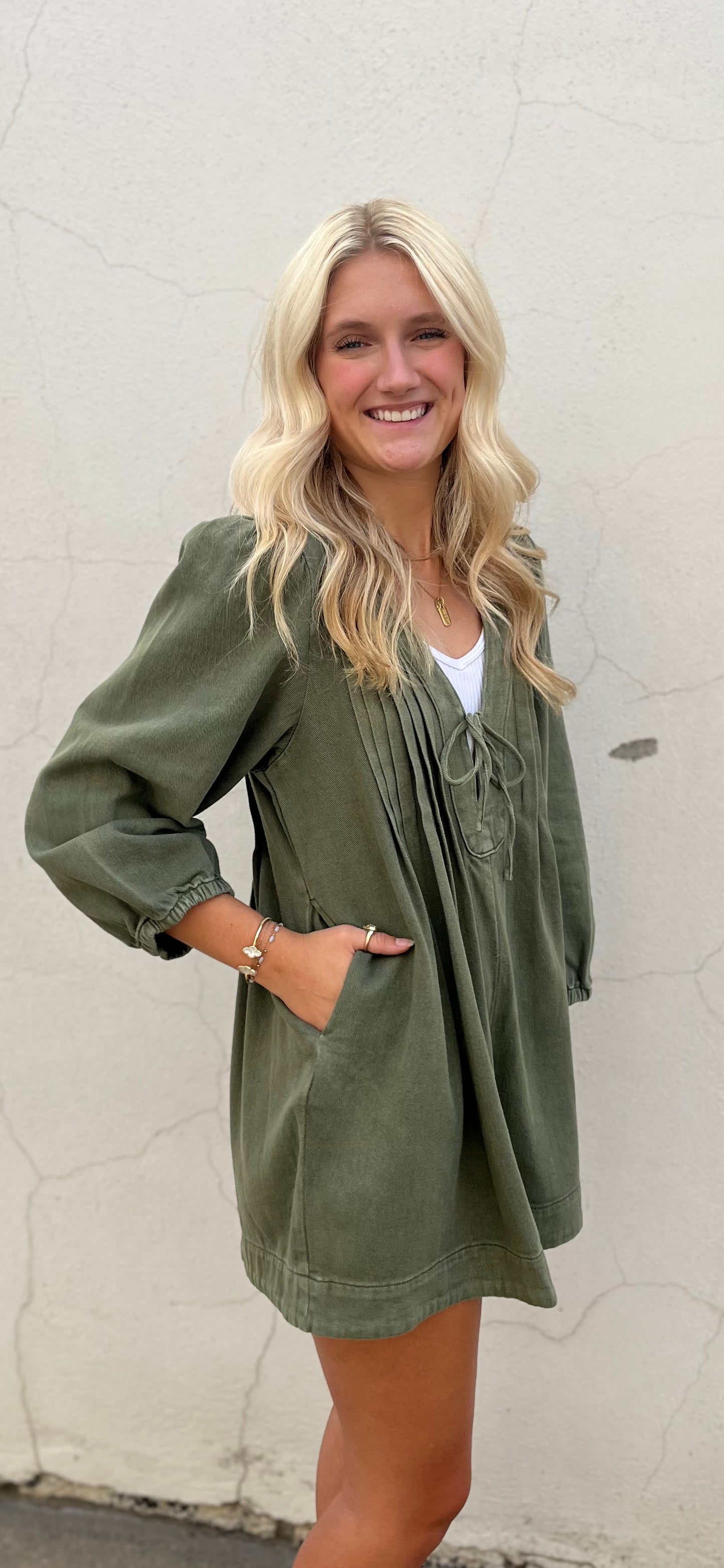 Olive Pleated Sleeve Romper