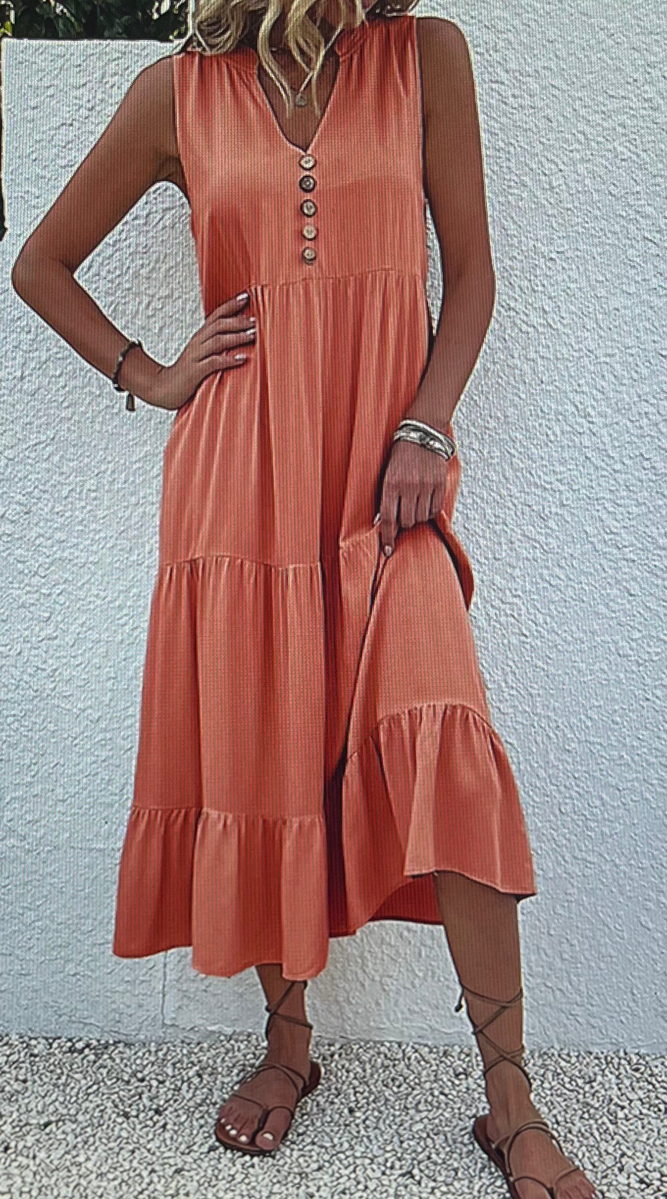 Sleeveless Brick Button Midi Dress