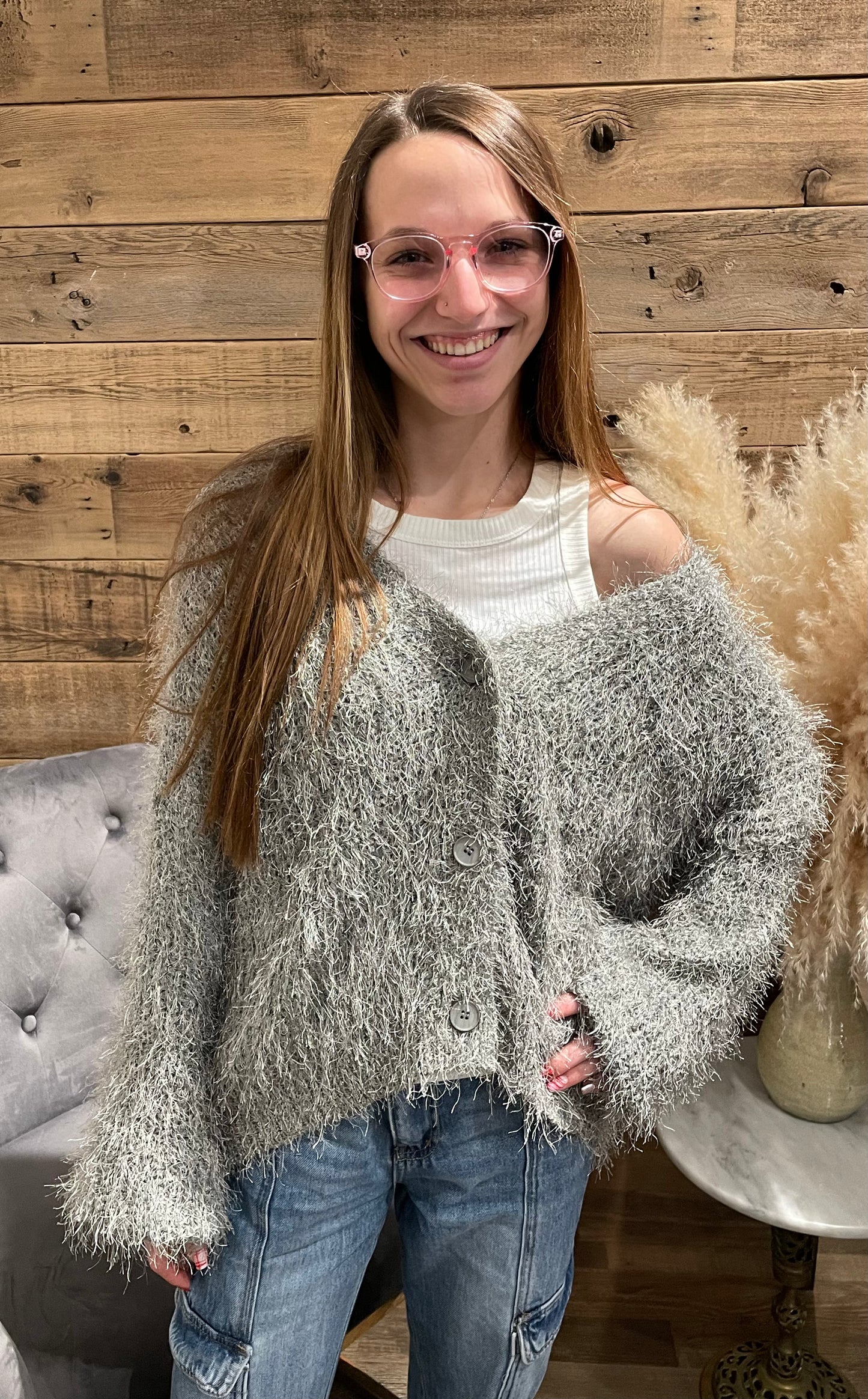 Oversized Fuzzy Balloon Sleeve Cardigan