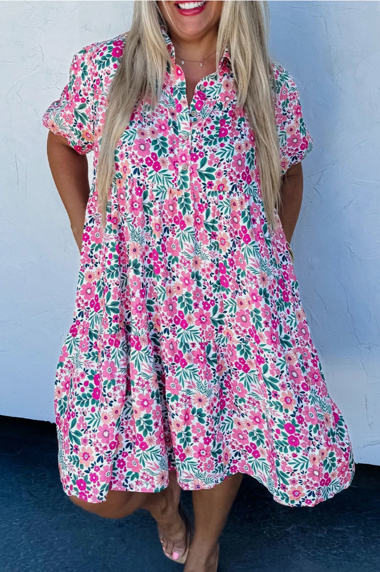 Pink Floral Short Dress - Plus Size
