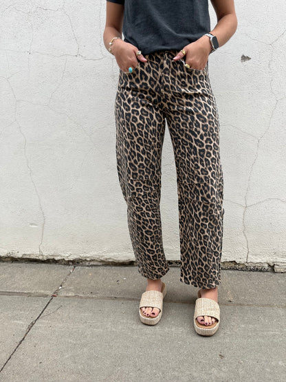 High Rise Leopard Barrel Jean