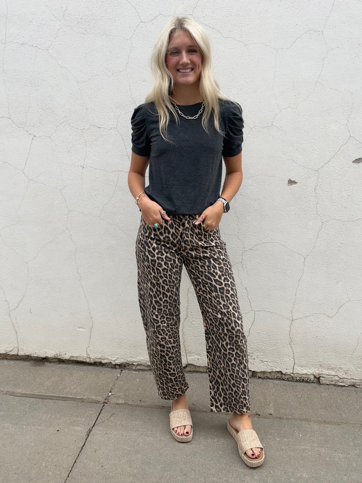 High Rise Leopard Barrel Jean