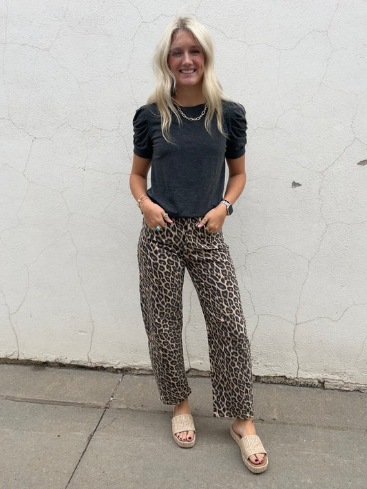 High Rise Leopard Barrel Jean