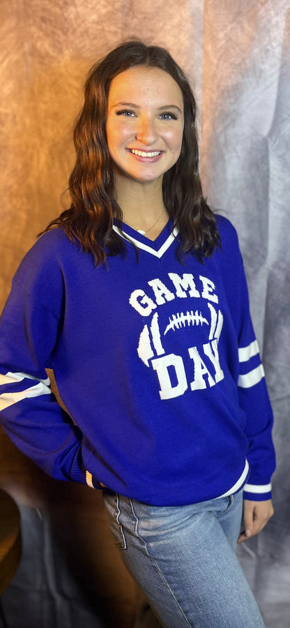 Blue Varsity V-Neck Sweater Top