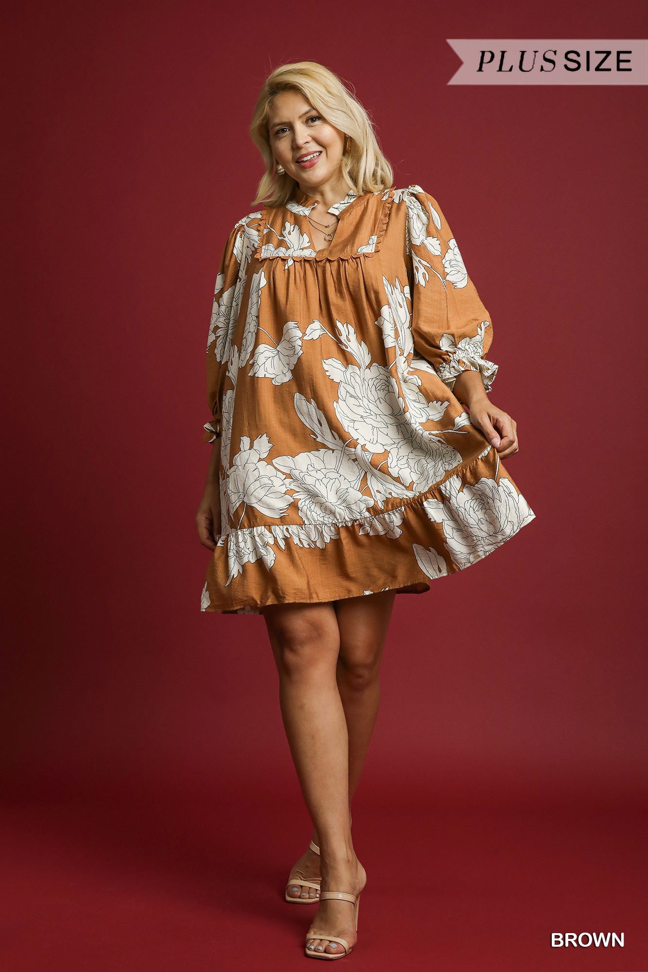 Deep Camal Floral Babydoll Dress PLUS