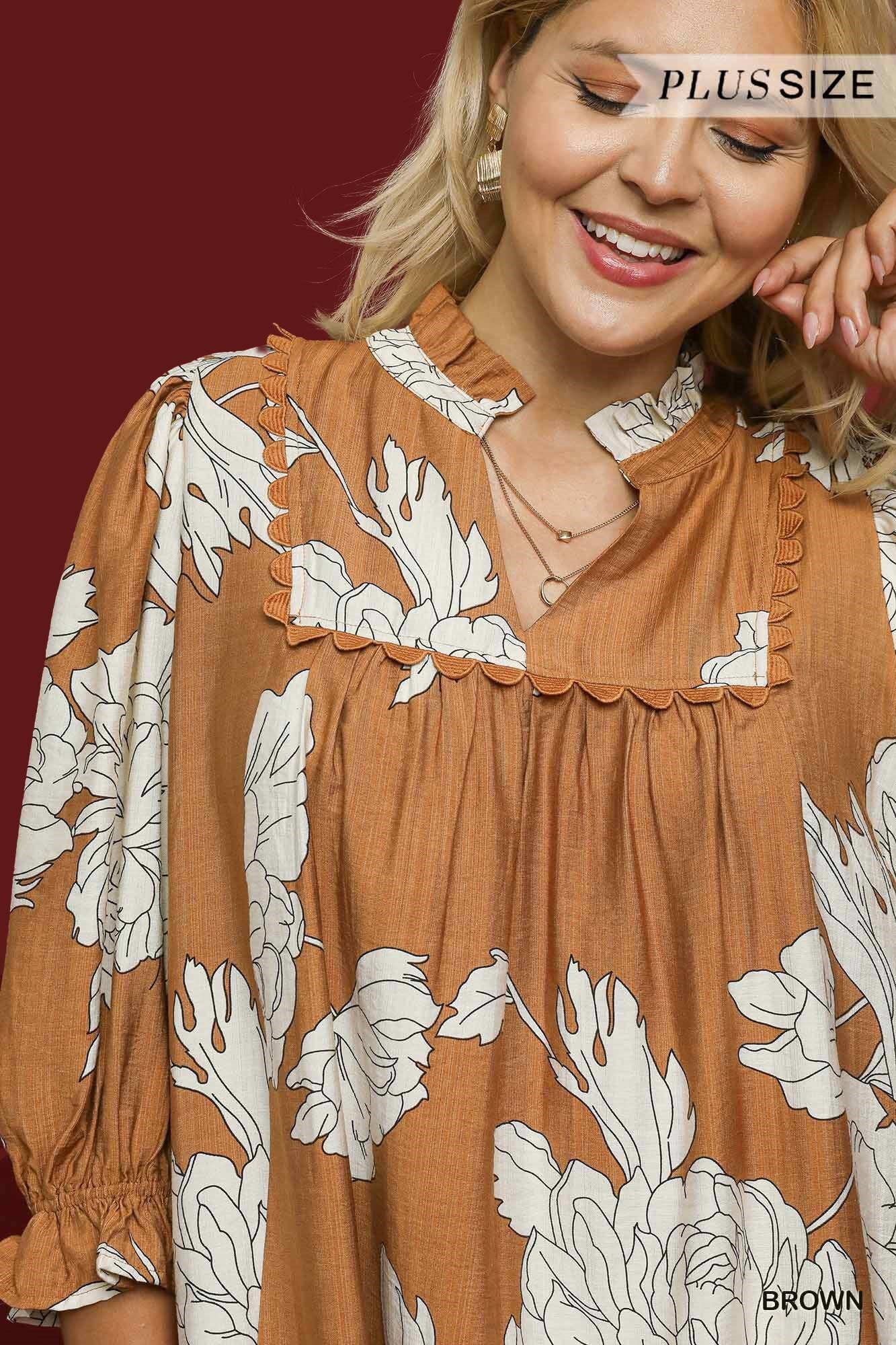 Deep Camal Floral Babydoll Dress PLUS