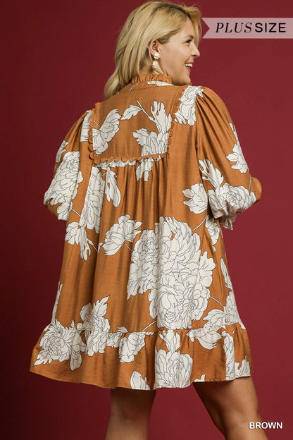 Deep Camal Floral Babydoll Dress PLUS