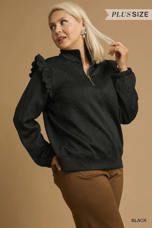 Cable Knit Pullover w/Ruffle Shoulders