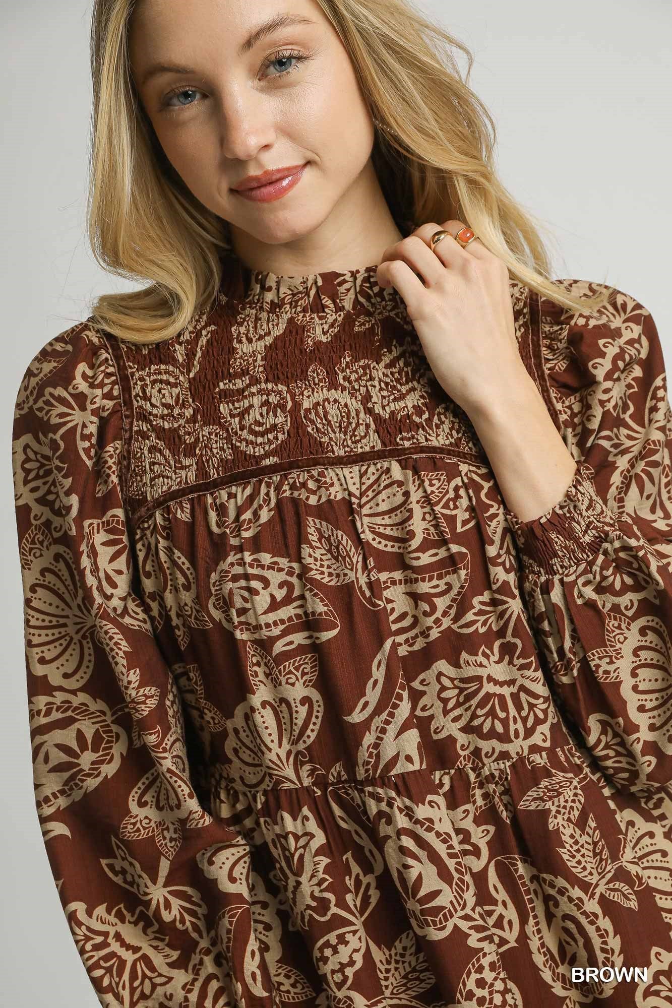 Brown Mix Smocked Mini Dress