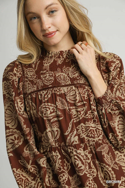 Brown Mix Smocked Mini Dress