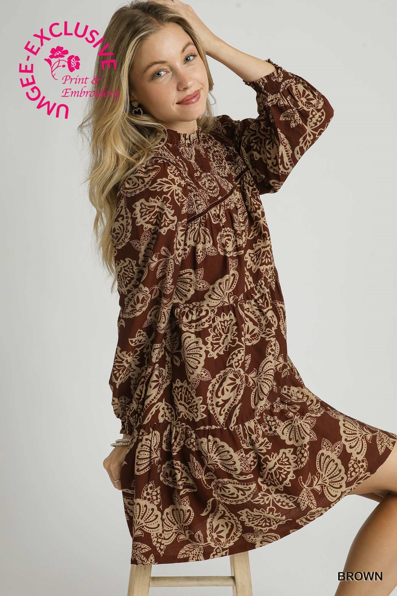 Brown Mix Smocked Mini Dress