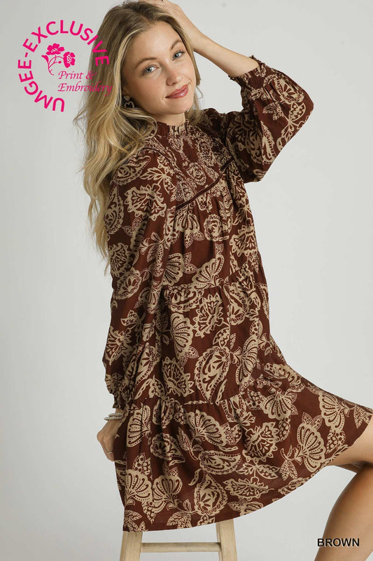 Brown Mix Smocked Mini Dress