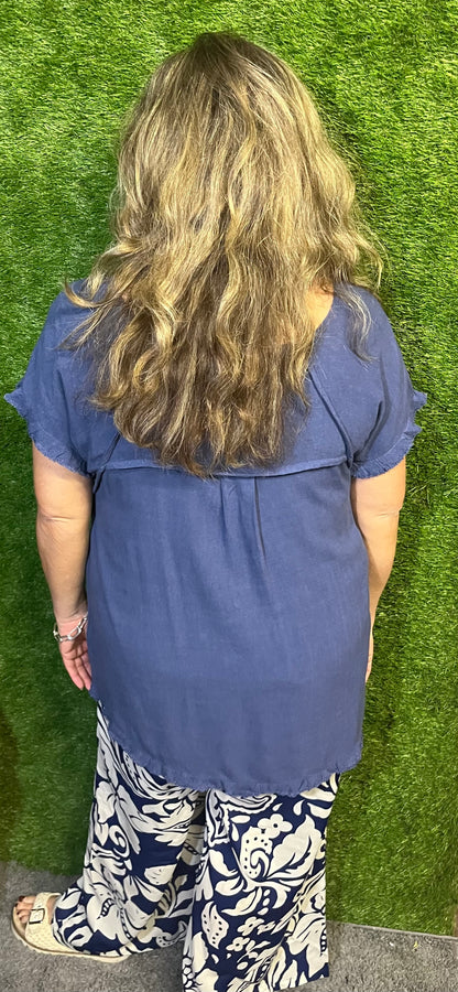 Denim Blue Linen Blend Top