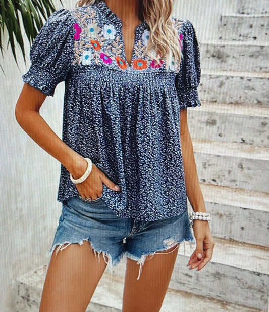 Navy Floral Flow Top