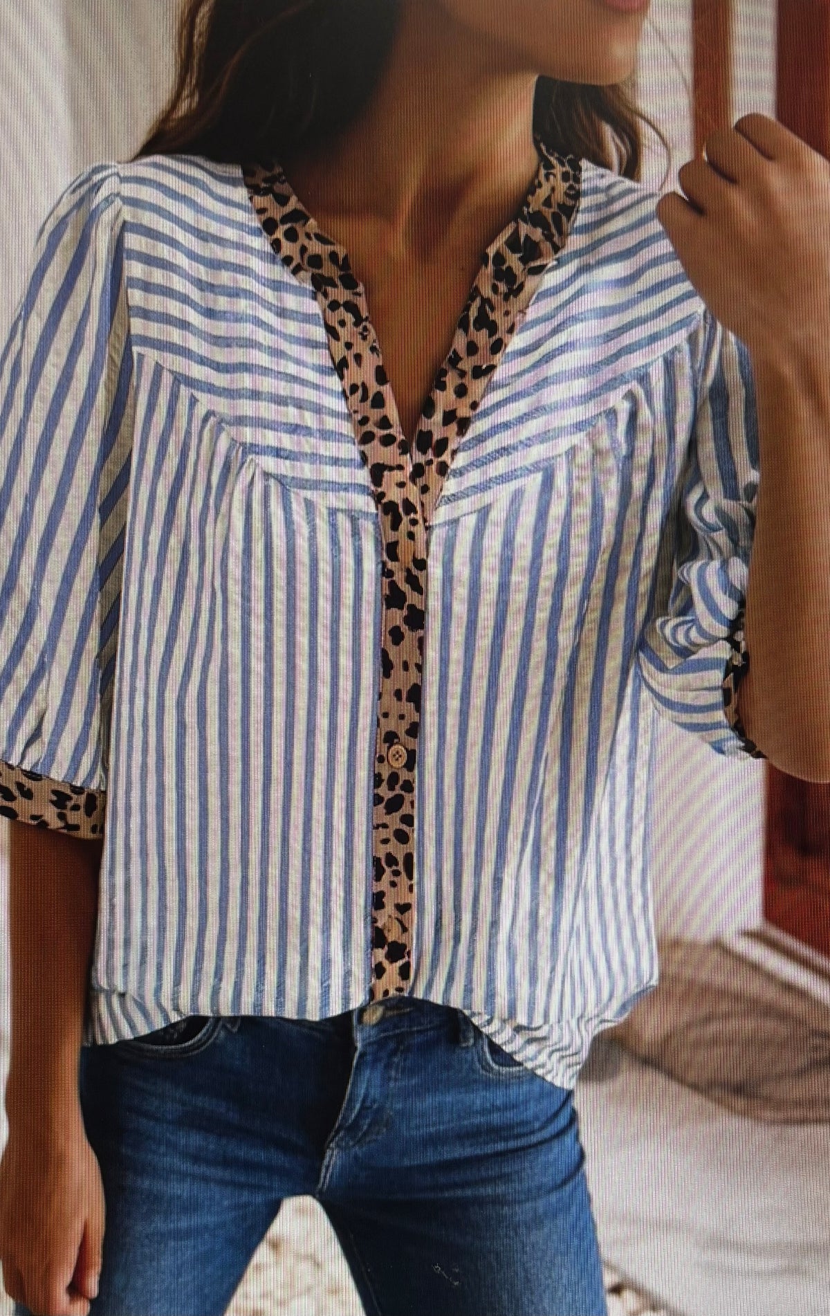 Leopard Trim Button Down Top