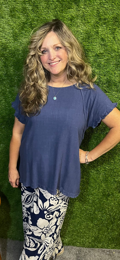 Denim Blue Linen Blend Top