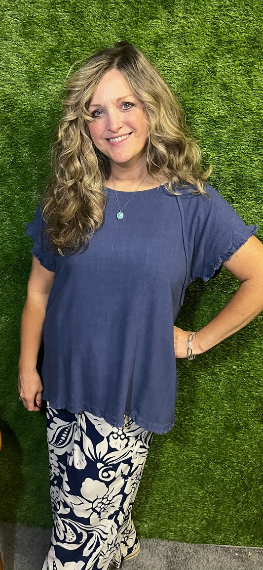 Denim Blue Linen Blend Top