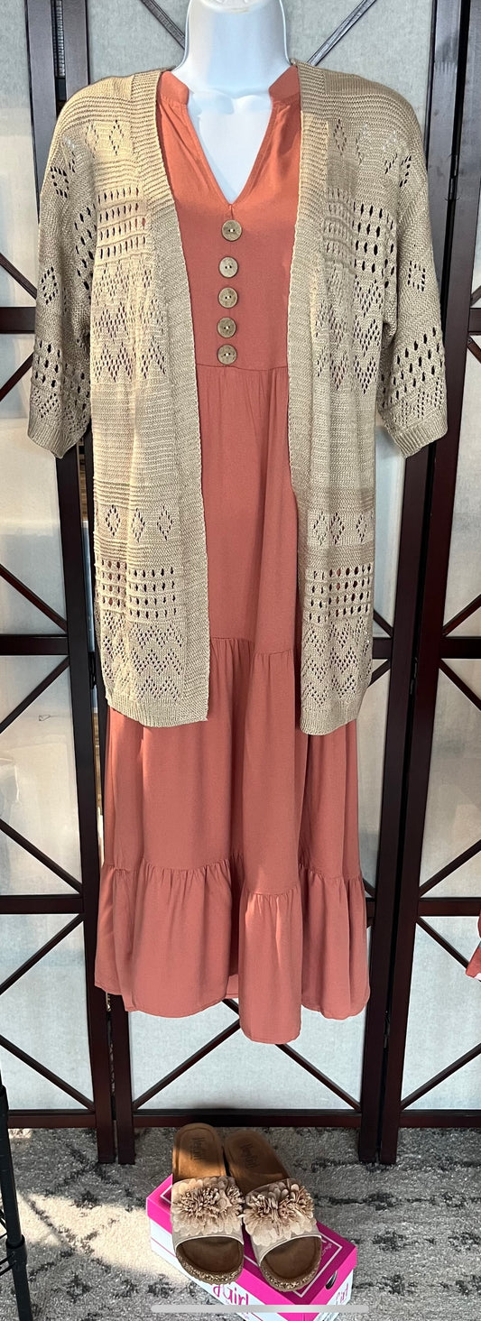 Sleeveless Brick Button Midi Dress