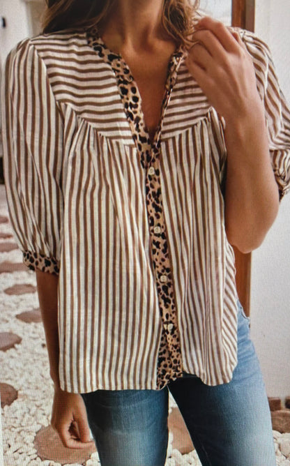 Leopard Trim Button Down Top