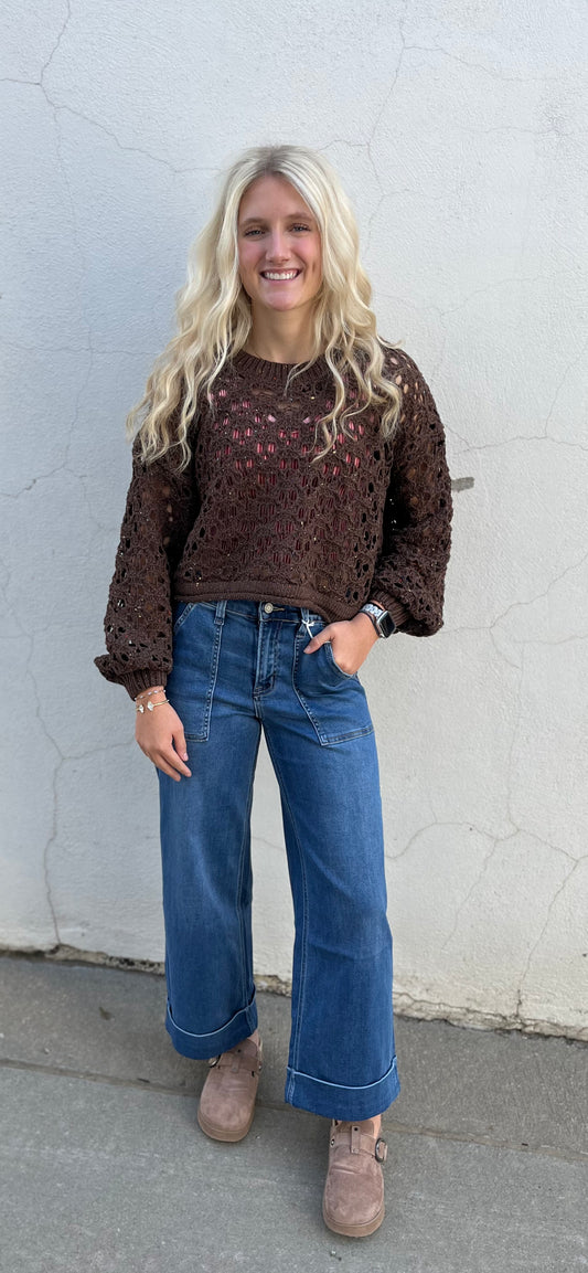 Brown Keyhole Crop Knit Sweater