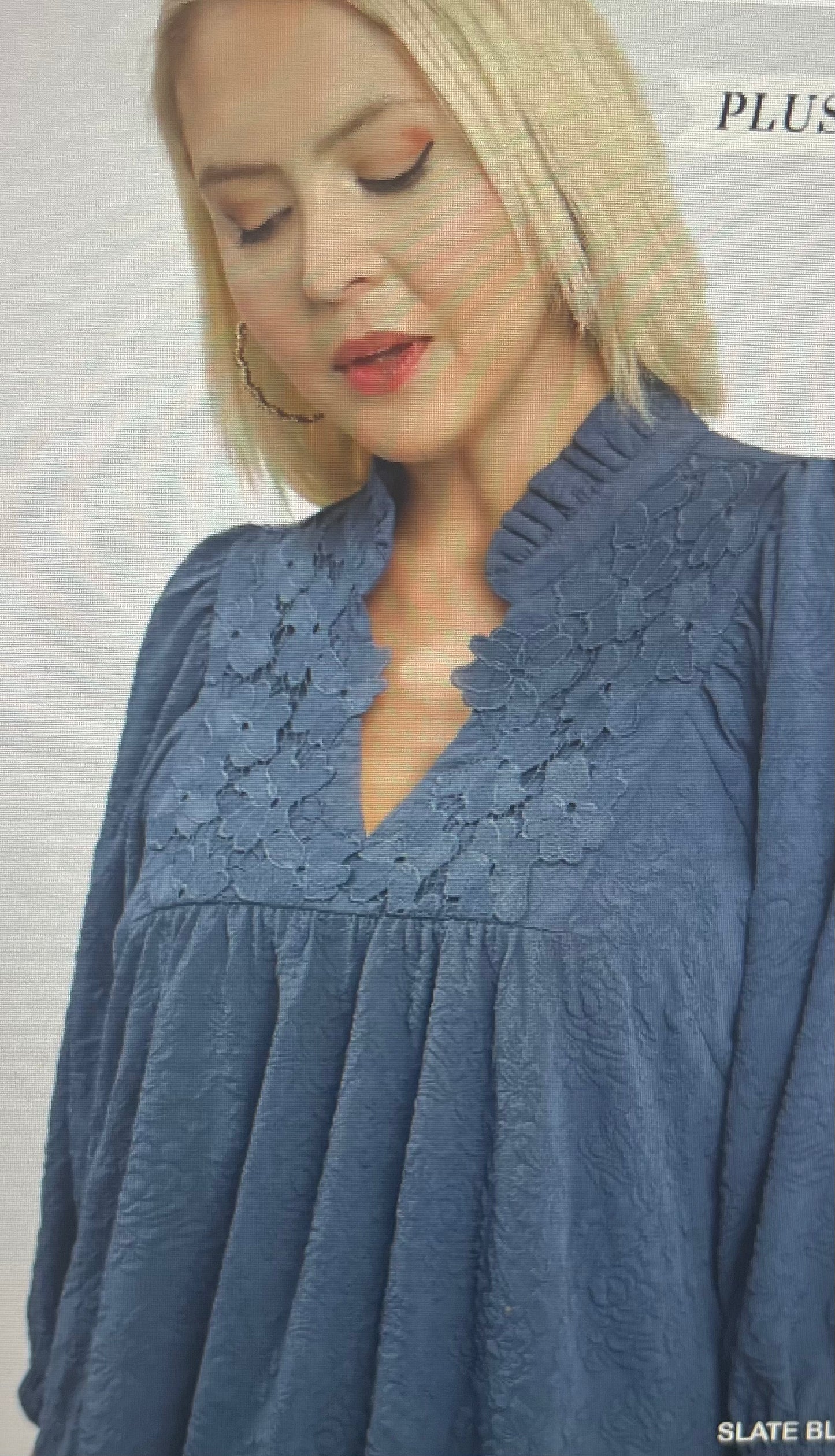 Slate Blue Floral Detail Dress PLUS