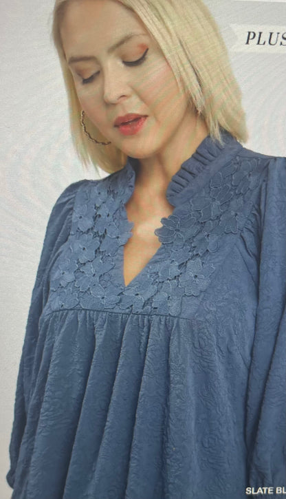 Slate Blue Floral Detail Dress PLUS