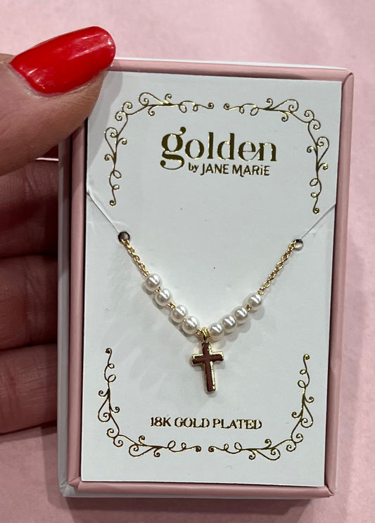 Kids Gold Mini Pearl Cross Necklace