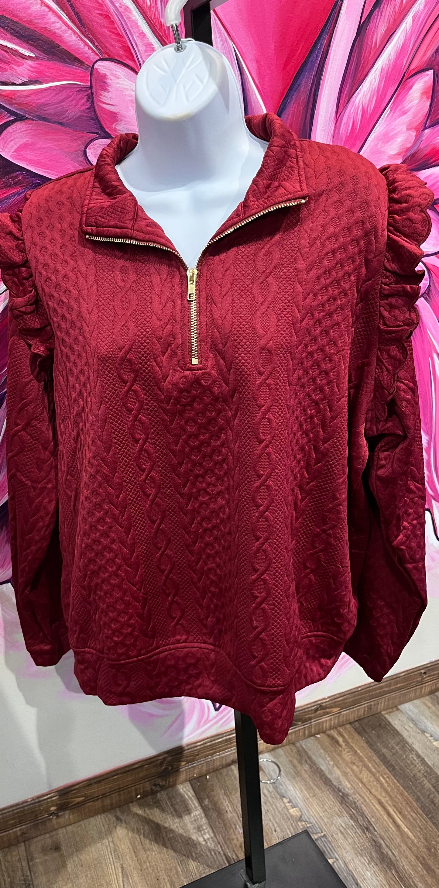 Cable Knit Pullover w/Ruffle Shoulders