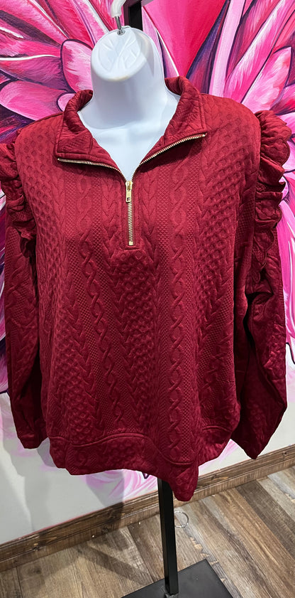 Cable Knit Pullover w/Ruffle Shoulders