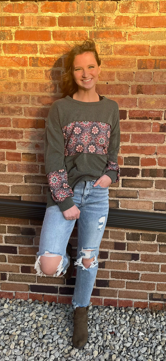 Olive Rib Long Sleeve Top