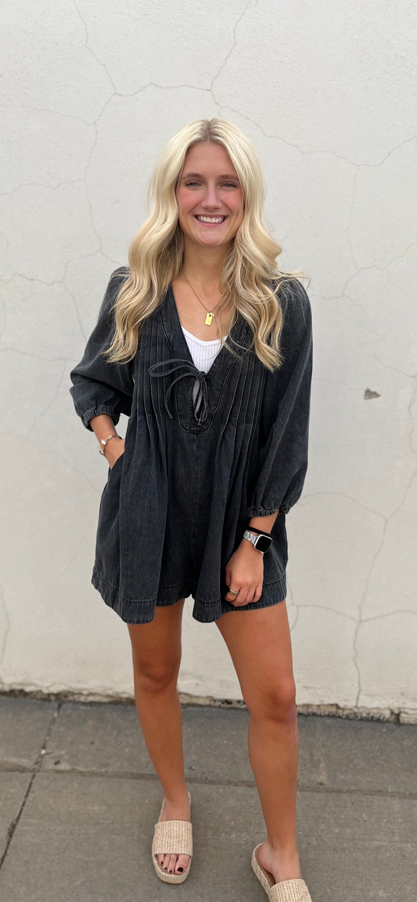 Grey Pleated Sleeve Romper