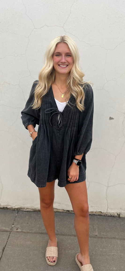 Grey Pleated Sleeve Romper