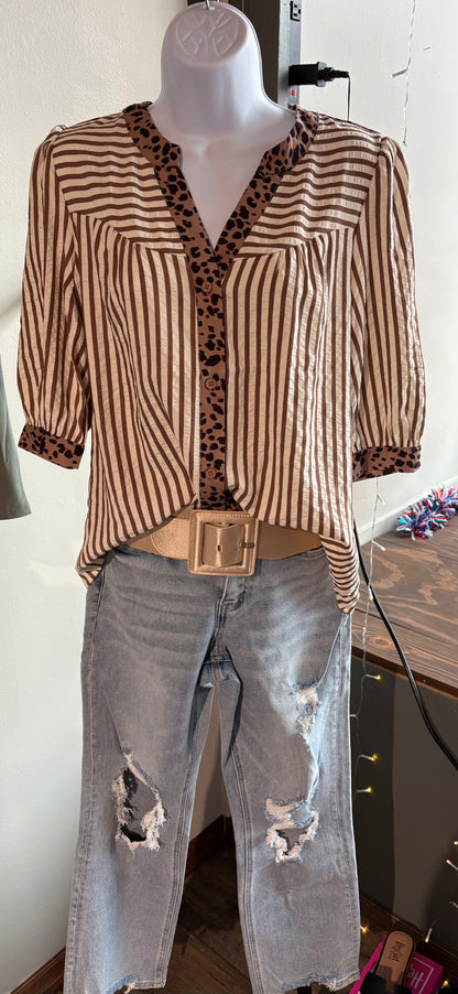 Leopard Trim Button Down Top