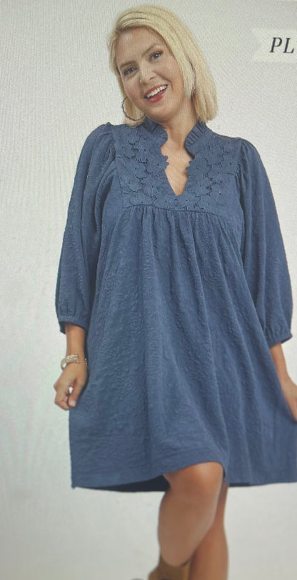 Slate Blue Floral Detail Dress PLUS