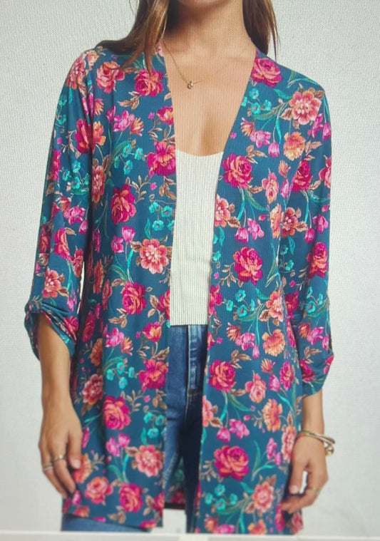 Teal Floral Fall Cardigan