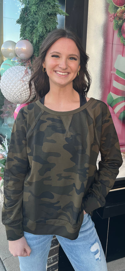 Camo Round Neck Long Sleeve Top