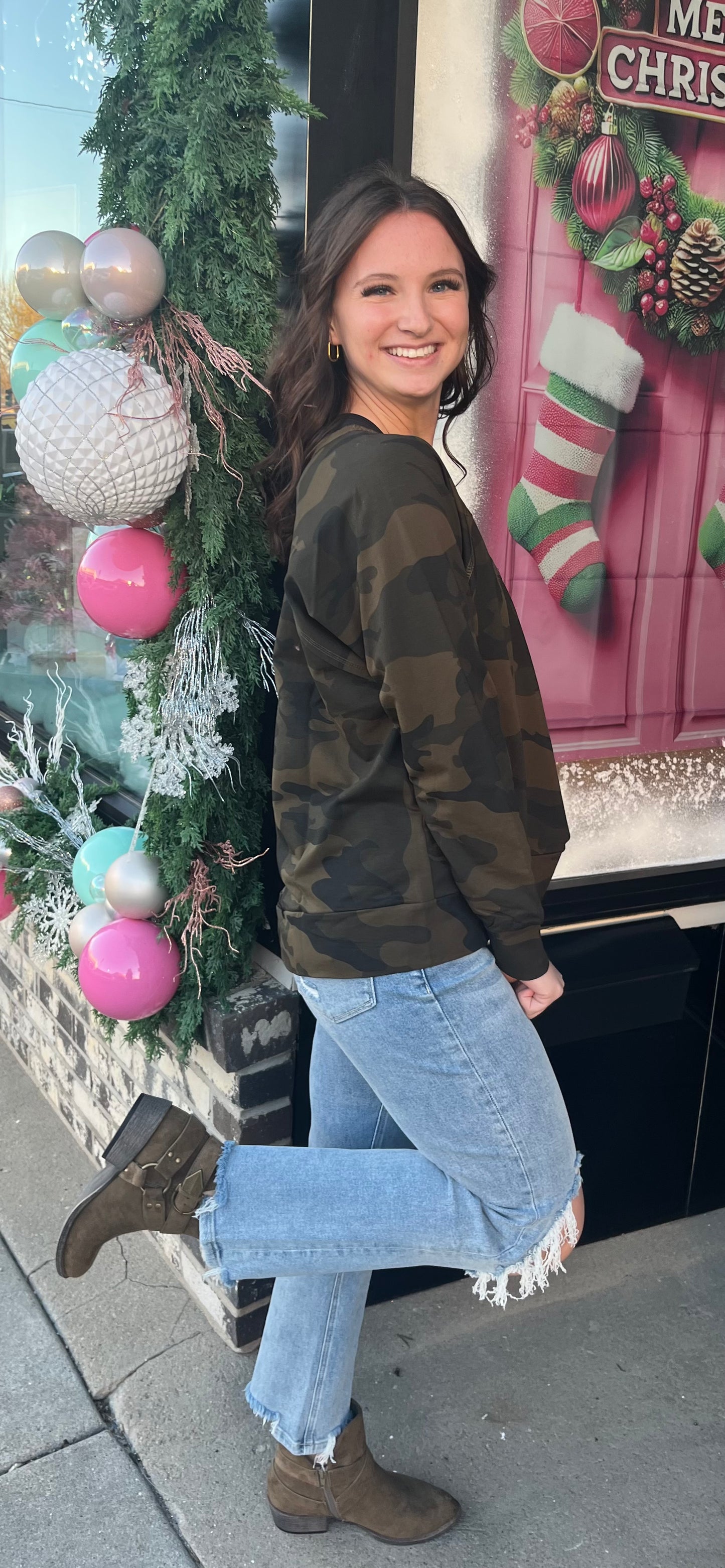 Camo Round Neck Long Sleeve Top