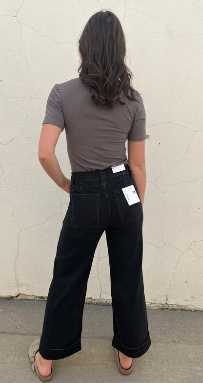 Black Super Soft Baggy Cuff Wide Leg Jean