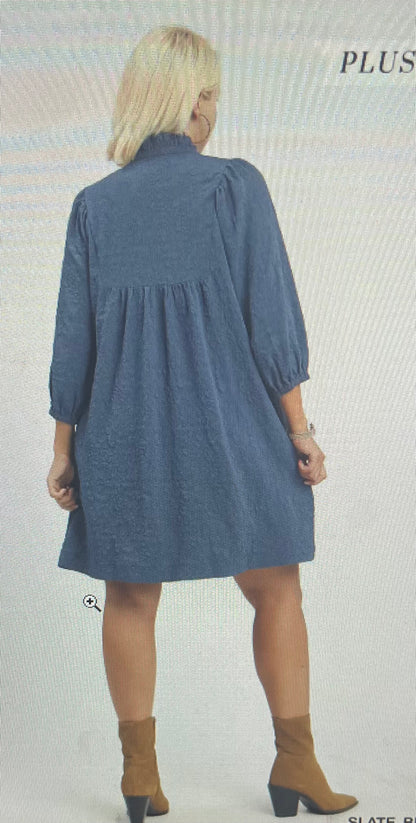 Slate Blue Floral Detail Dress PLUS