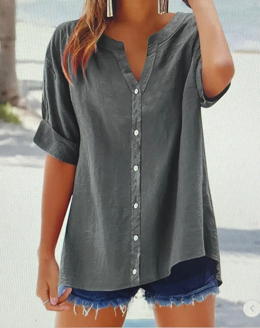 Casual Button Down V Neck Top