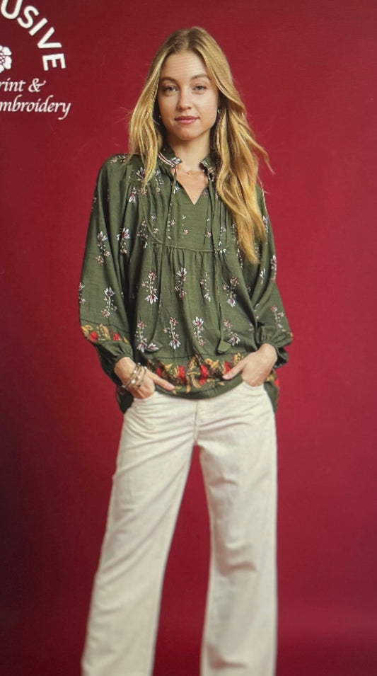 Forrest Green Floral Boho Top