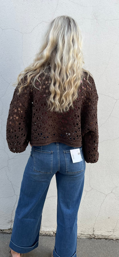 Brown Keyhole Crop Knit Sweater