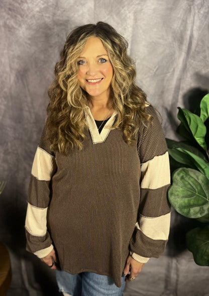 Brown Collar Rib Vintage Top PLUS