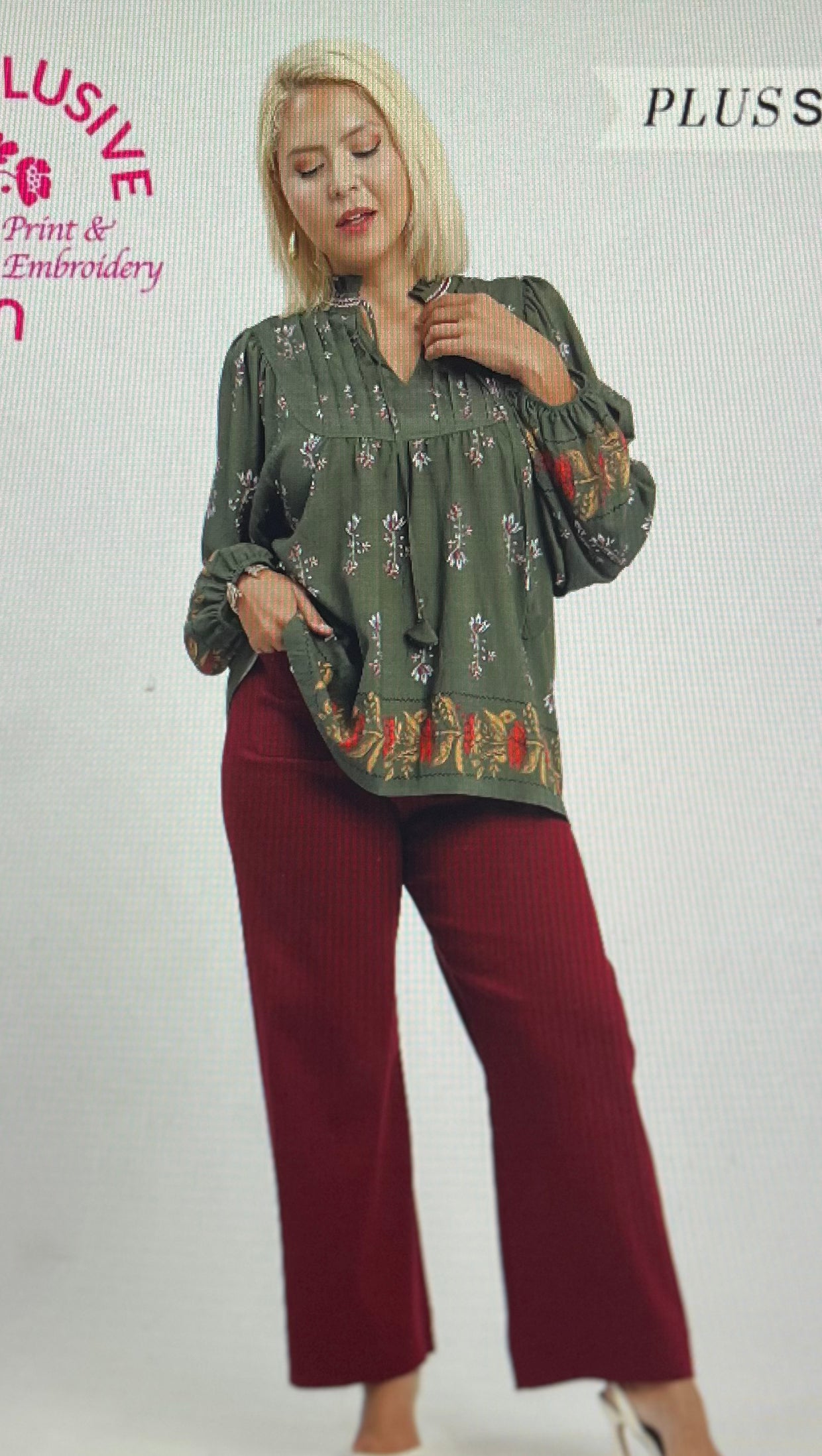 Forest Green Floral Boho Top PLUS