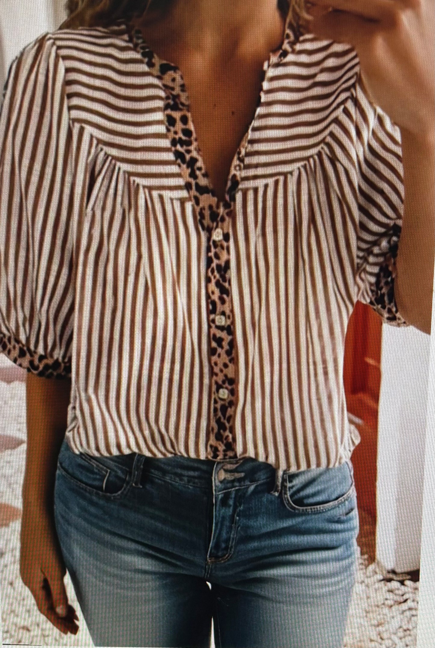 Leopard Trim Button Down Top